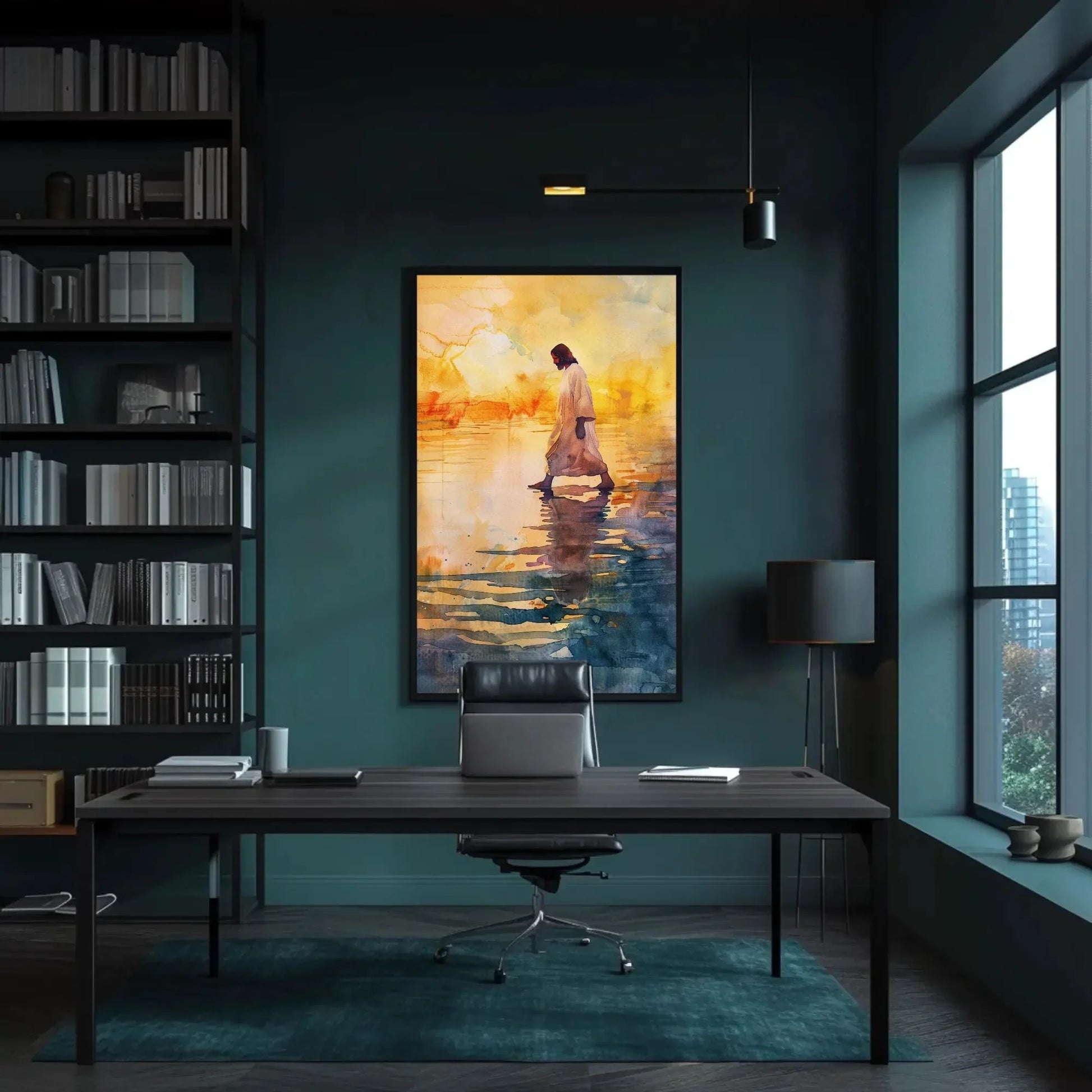 Jesus Walking on Water Sunset Canvas Print - Peaceful Watercolor Christian Painting - Extra Large Faith Wall Art for Home or Prayer Room Wall Art – Canvas Print