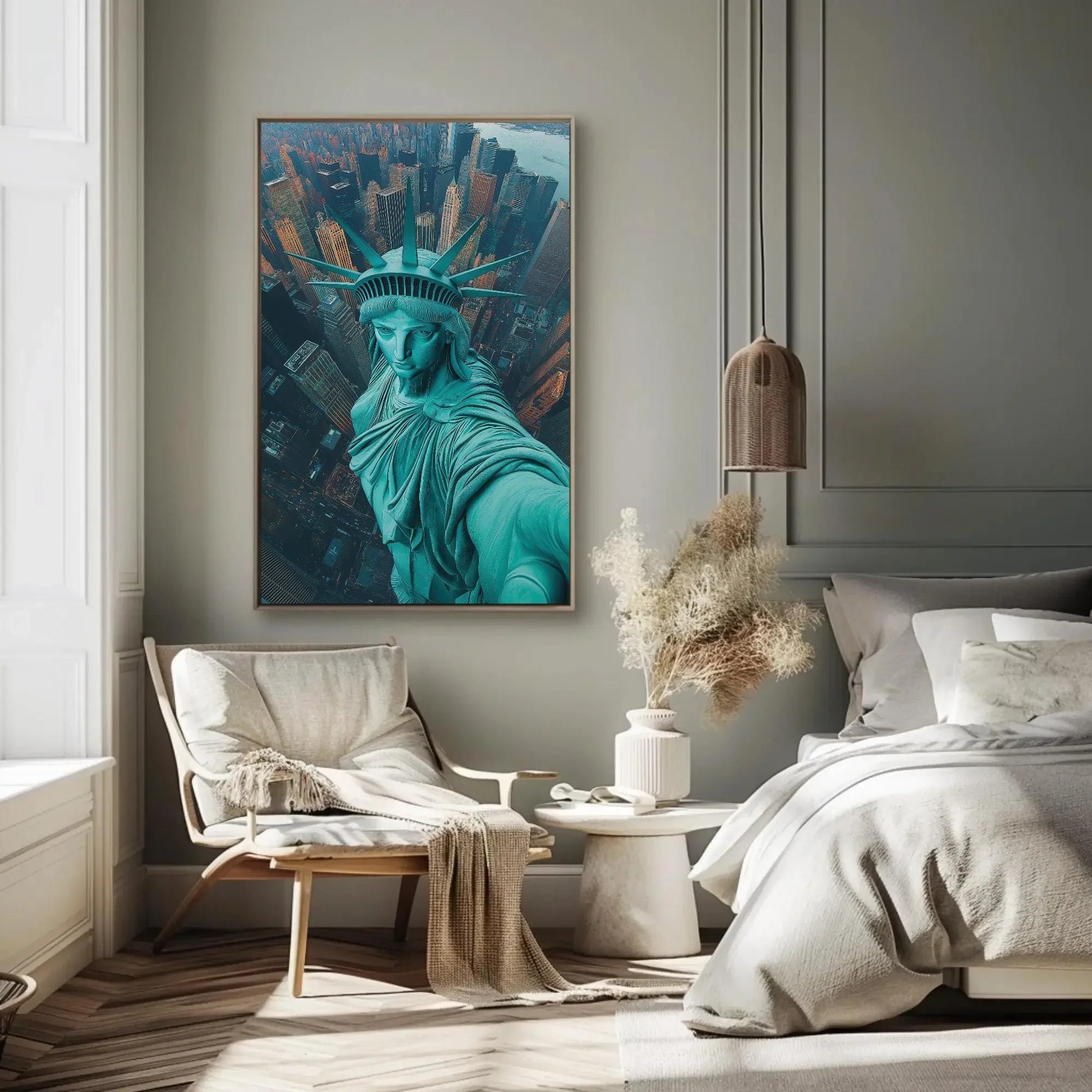 Statue of Liberty Aerial Selfie Canvas Print, New York City Skyline Wall Art, Fun Pop Art Travel Decor for Living Room or Office Wall Art – Canvas Print