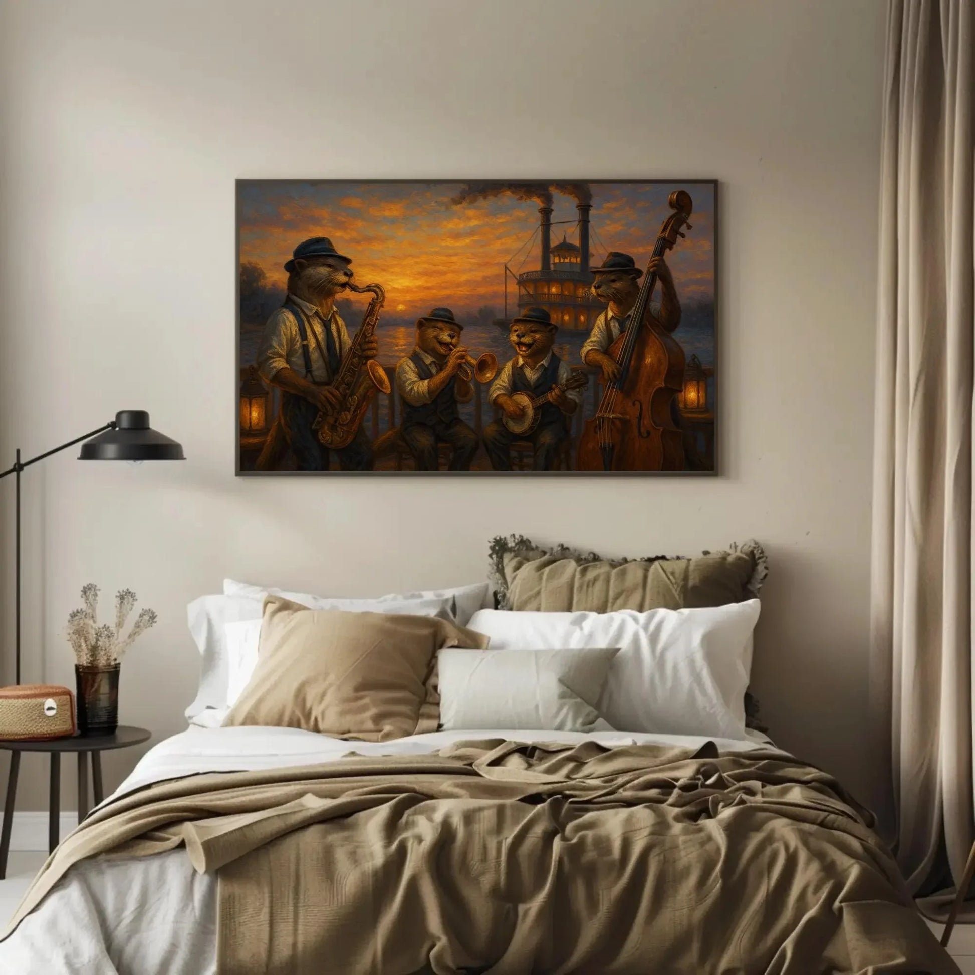 Otters Riverboat Jazz Band Canvas Print | Sunset Music Wall Art | Anthropomorphic Animal Art | Nostalgic Giclée Decor Wall Art – Canvas Print