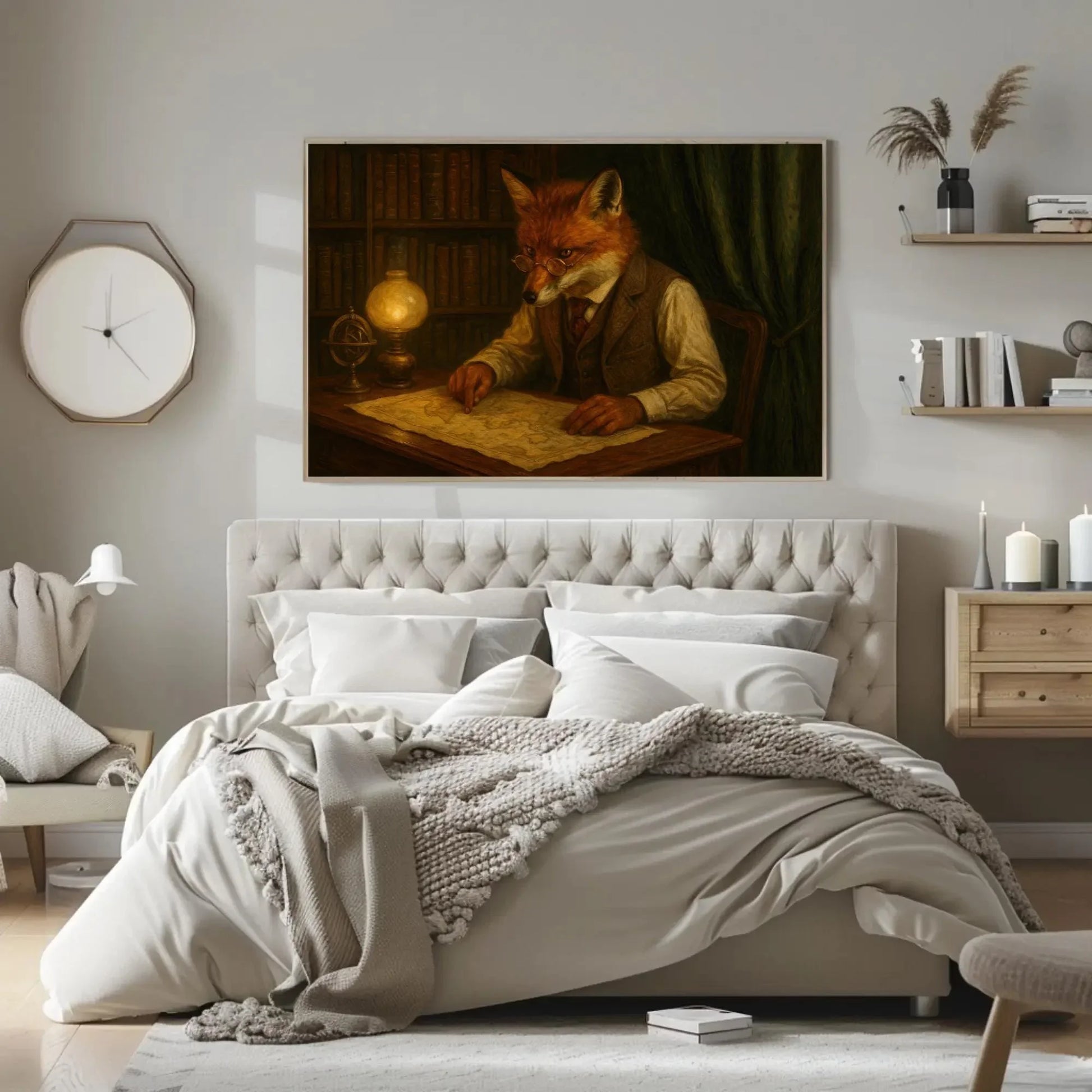 Fox Antique Map Room Canvas Print | Dark Academia Study Wall Art | Scholarly Fox Giclée | Moody Library Decor Wall Art – Canvas Print
