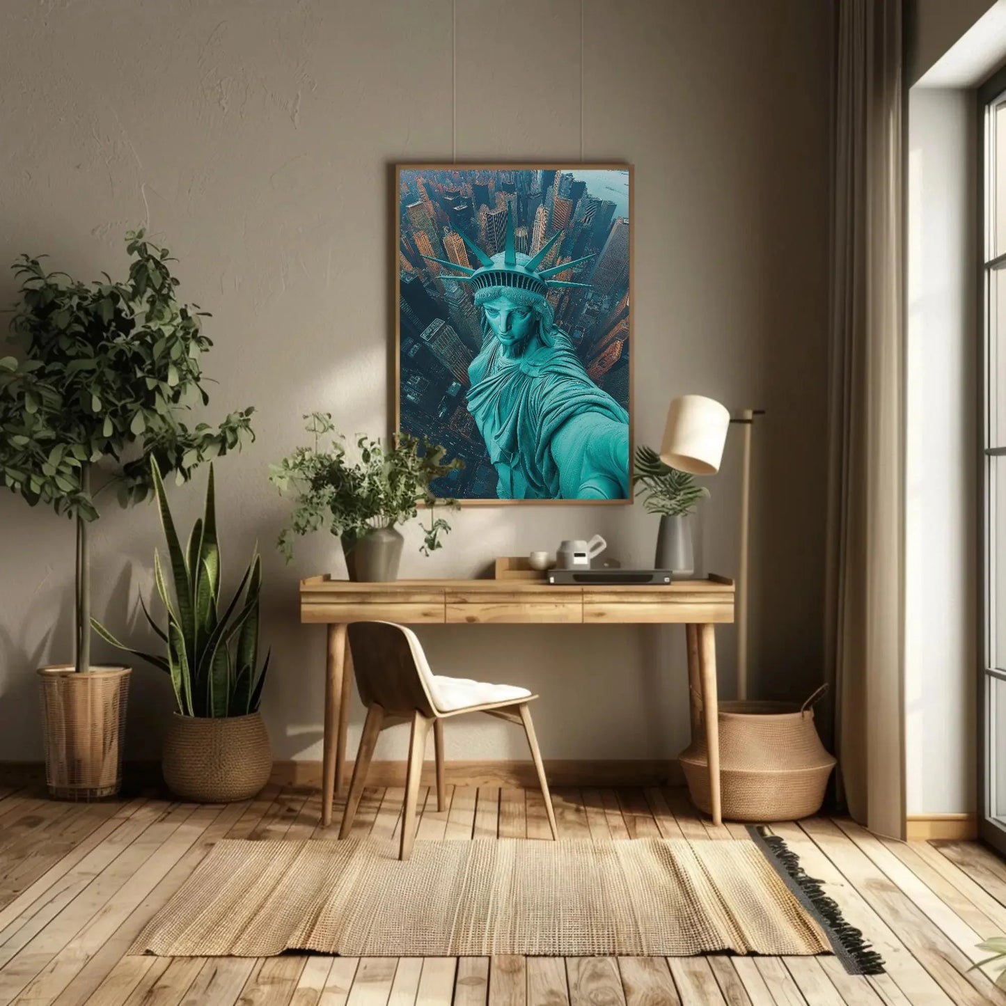 Statue of Liberty Aerial Selfie Canvas Print, New York City Skyline Wall Art, Fun Pop Art Travel Decor for Living Room or Office Wall Art – Canvas Print