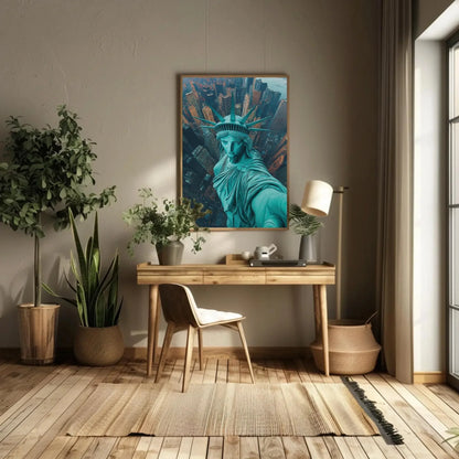Statue of Liberty Aerial Selfie Canvas Print, New York City Skyline Wall Art, Fun Pop Art Travel Decor for Living Room or Office Wall Art – Canvas Print