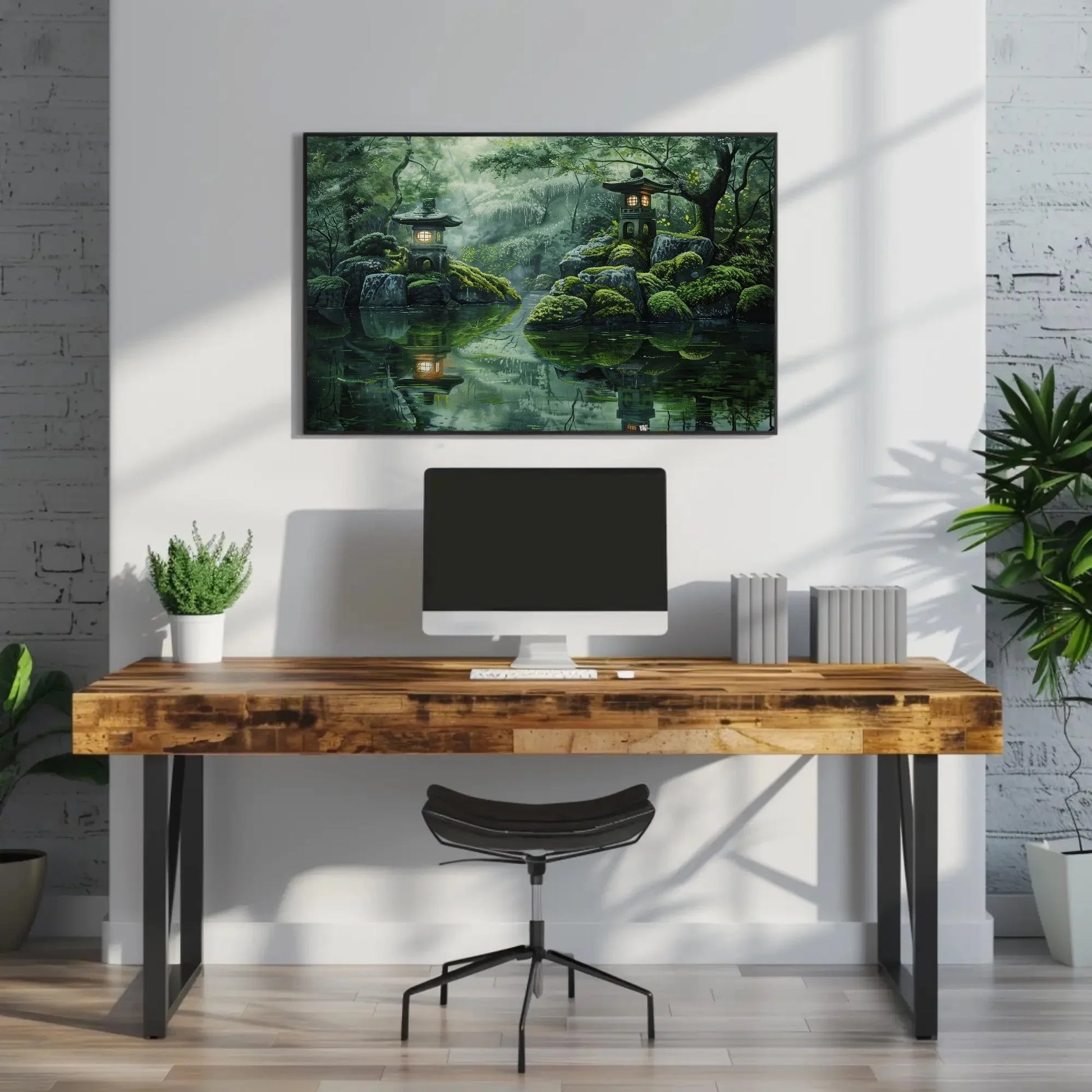 Japanese Zen Garden Canvas Wall Art – Tranquil Lantern Landscape Painting With Reflections And Mossy Rocks For Spa Or Meditation Room Wall Art – Canvas Print