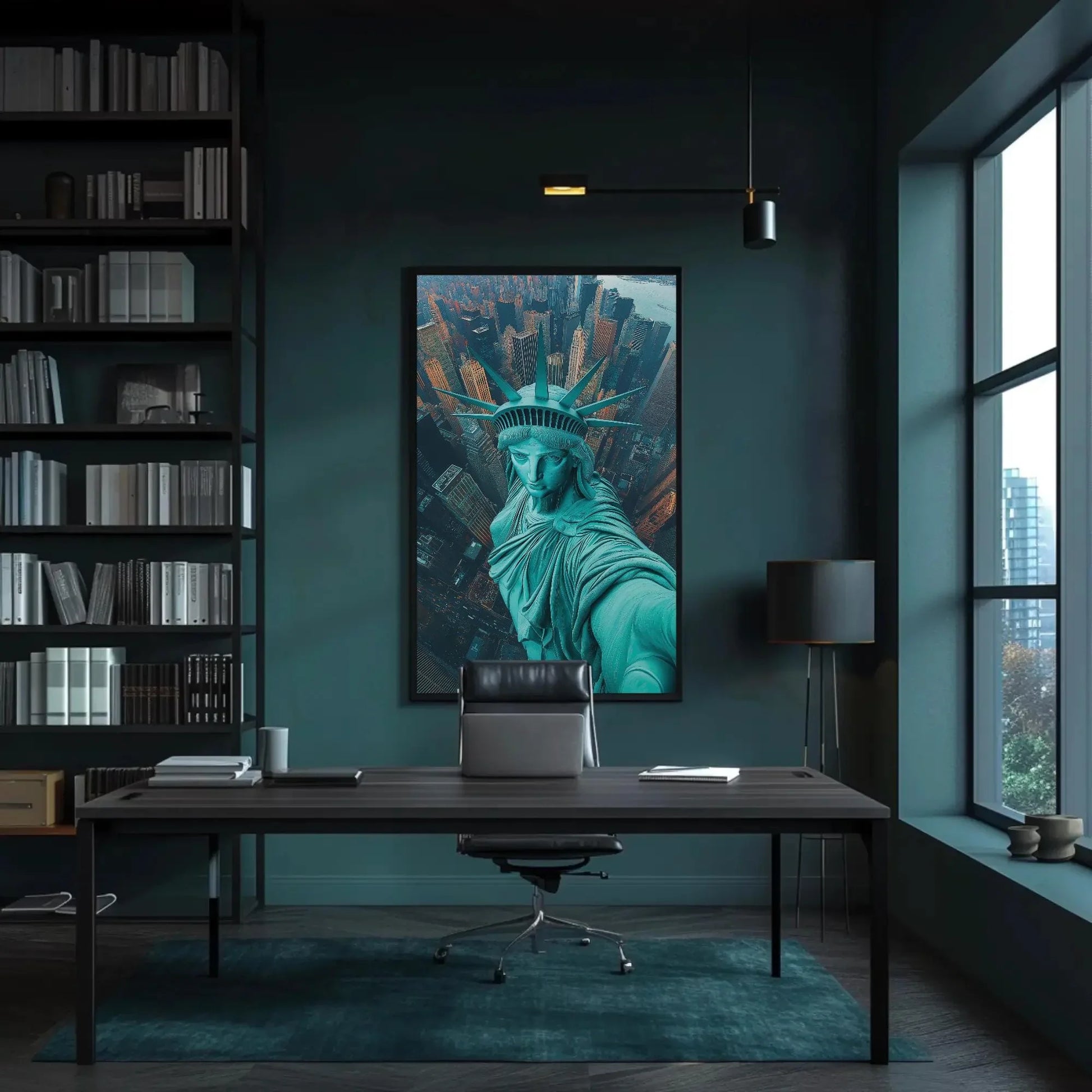 Statue of Liberty Aerial Selfie Canvas Print, New York City Skyline Wall Art, Fun Pop Art Travel Decor for Living Room or Office Wall Art – Canvas Print