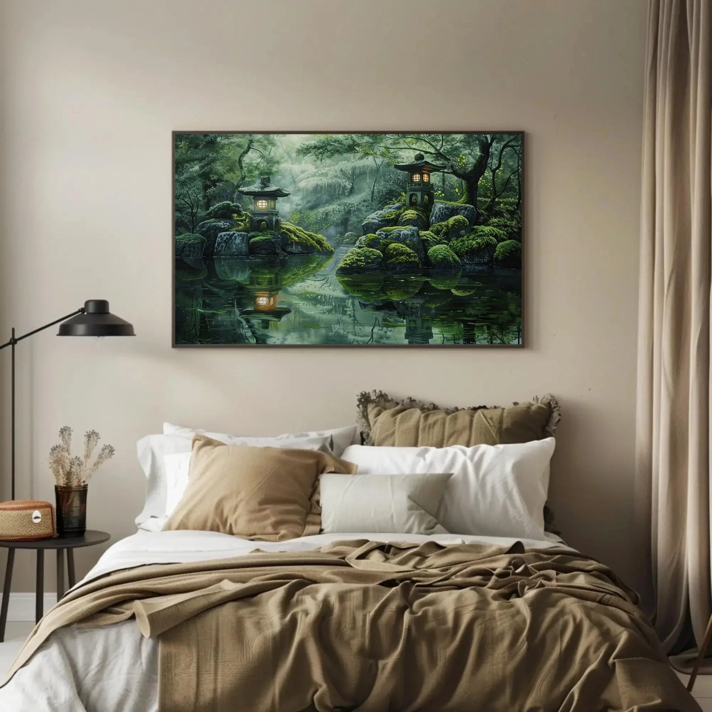 Japanese Zen Garden Canvas Wall Art – Tranquil Lantern Landscape Painting With Reflections And Mossy Rocks For Spa Or Meditation Room Wall Art – Canvas Print