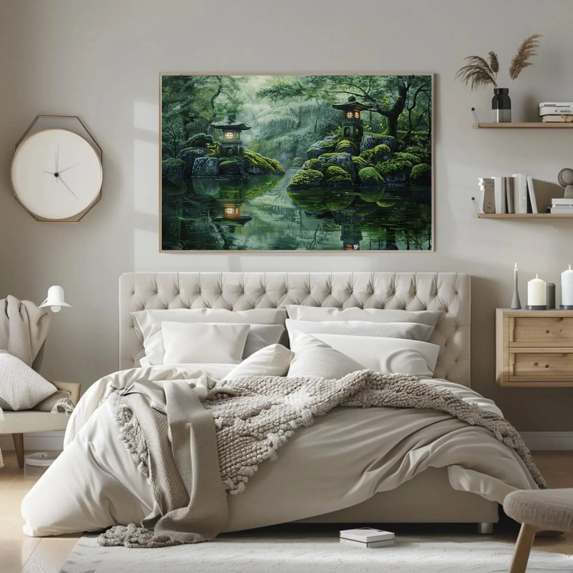 Japanese Zen Garden Canvas Wall Art – Tranquil Lantern Landscape Painting With Reflections And Mossy Rocks For Spa Or Meditation Room Wall Art – Canvas Print