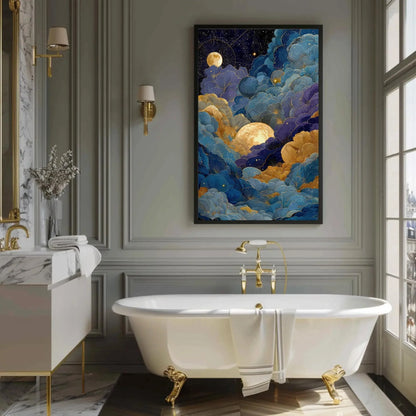 Celestial Moon Clouds Canvas Art, Gold Blue Purple Wall Decor, Mystical Night Sky Print, Whimsigoth Bedroom Art, Dreamy Maximalist Gift Wall Art – Canvas Print