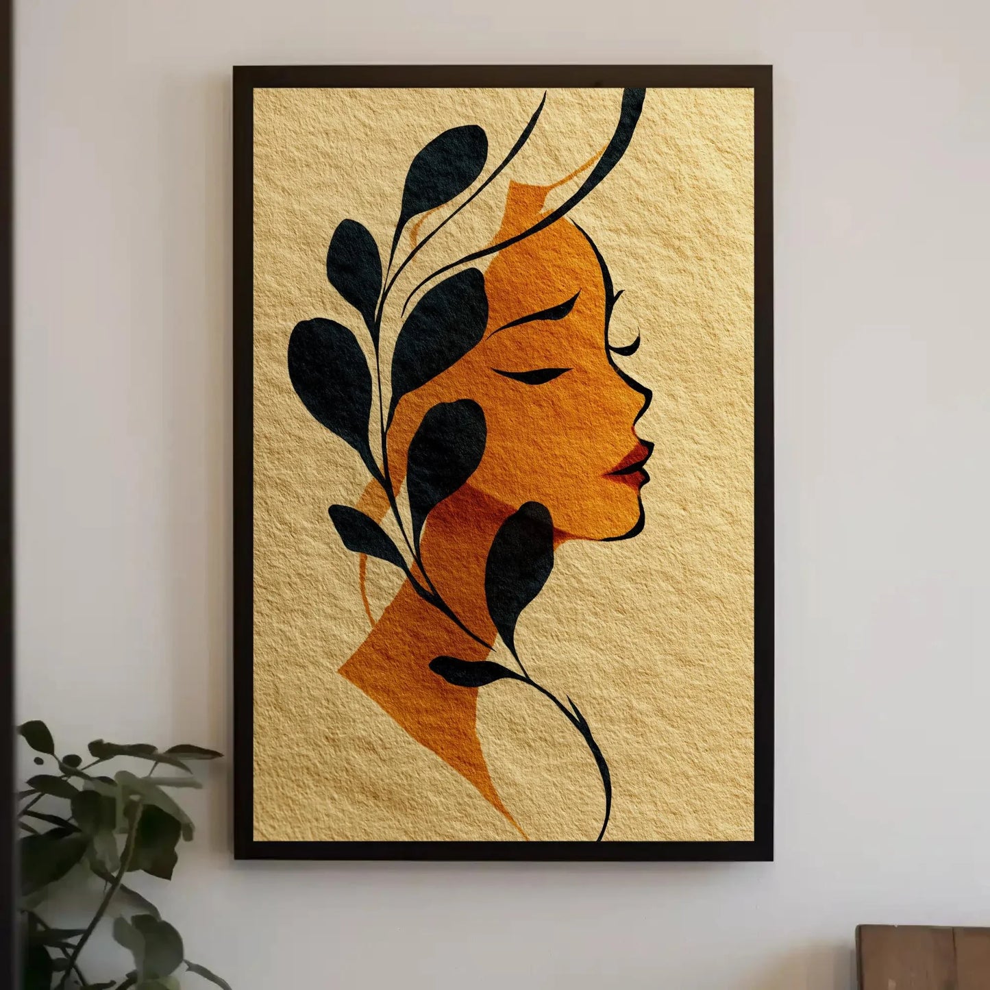 Art Nouveau Woman Profile Print, Minimalist Botanical Wall Art, Golden Orange Black, Feminine Decor, Textured Paper Illustration Gift Wall Art – Canvas Print