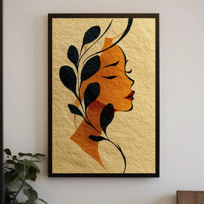 Art Nouveau Woman Profile Print, Minimalist Botanical Wall Art, Golden Orange Black, Feminine Decor, Textured Paper Illustration Gift Wall Art – Canvas Print