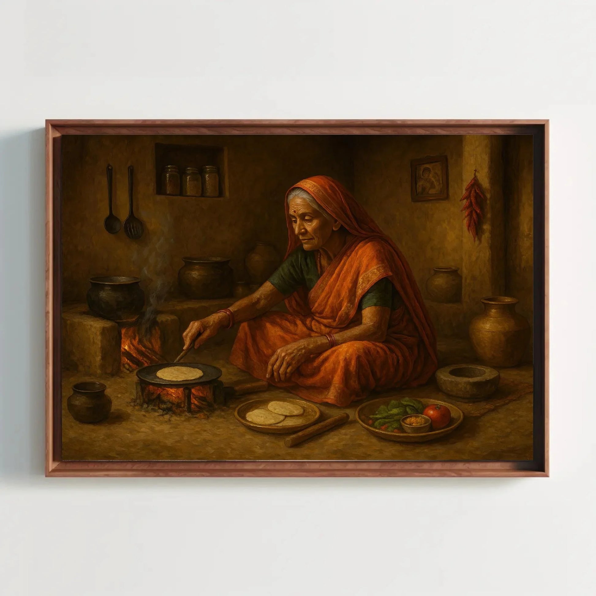 Rustic Indian village kitchen scene with elderly woman cooking chapati on open fire, traditional Indian home decor painting Wall Art – Canvas Print