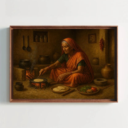 Rustic Indian village kitchen scene with elderly woman cooking chapati on open fire, traditional Indian home decor painting Wall Art – Canvas Print