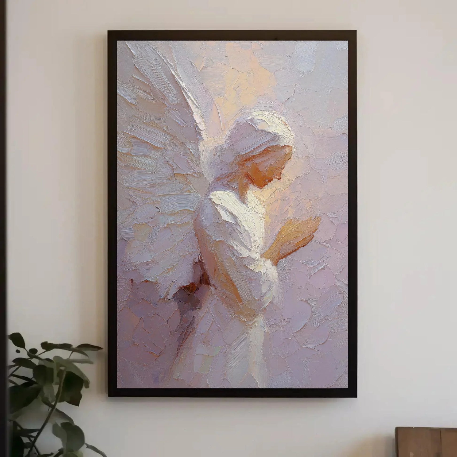 Praying Angel Canvas Art Print, Textured Spiritual Wall Decor, Guardian Angel Painting, Serene Contemplative Artwork, Impasto Religious Gift Wall Art – Canvas Print
