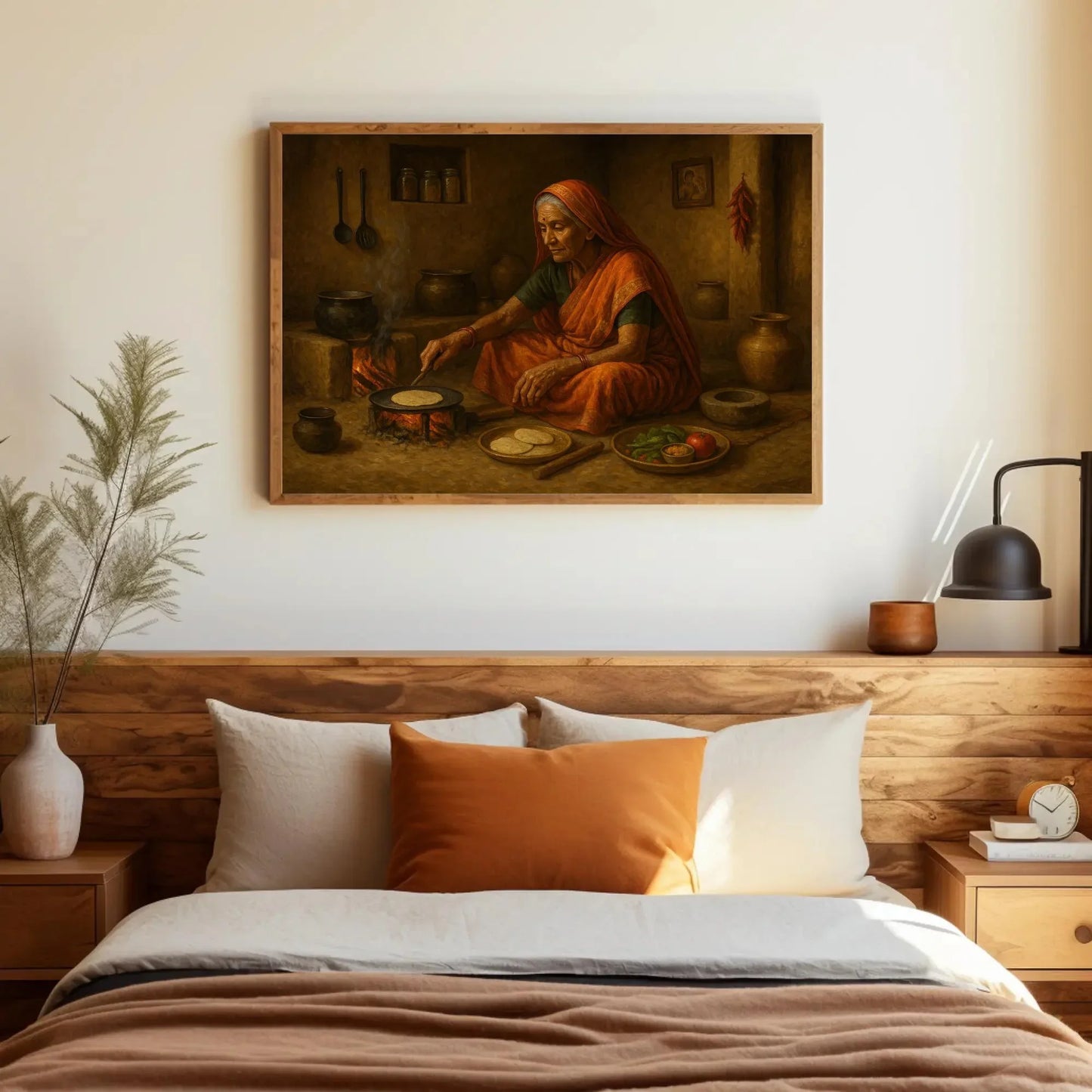 Rustic Indian village kitchen scene with elderly woman cooking chapati on open fire, traditional Indian home decor painting Wall Art – Canvas Print