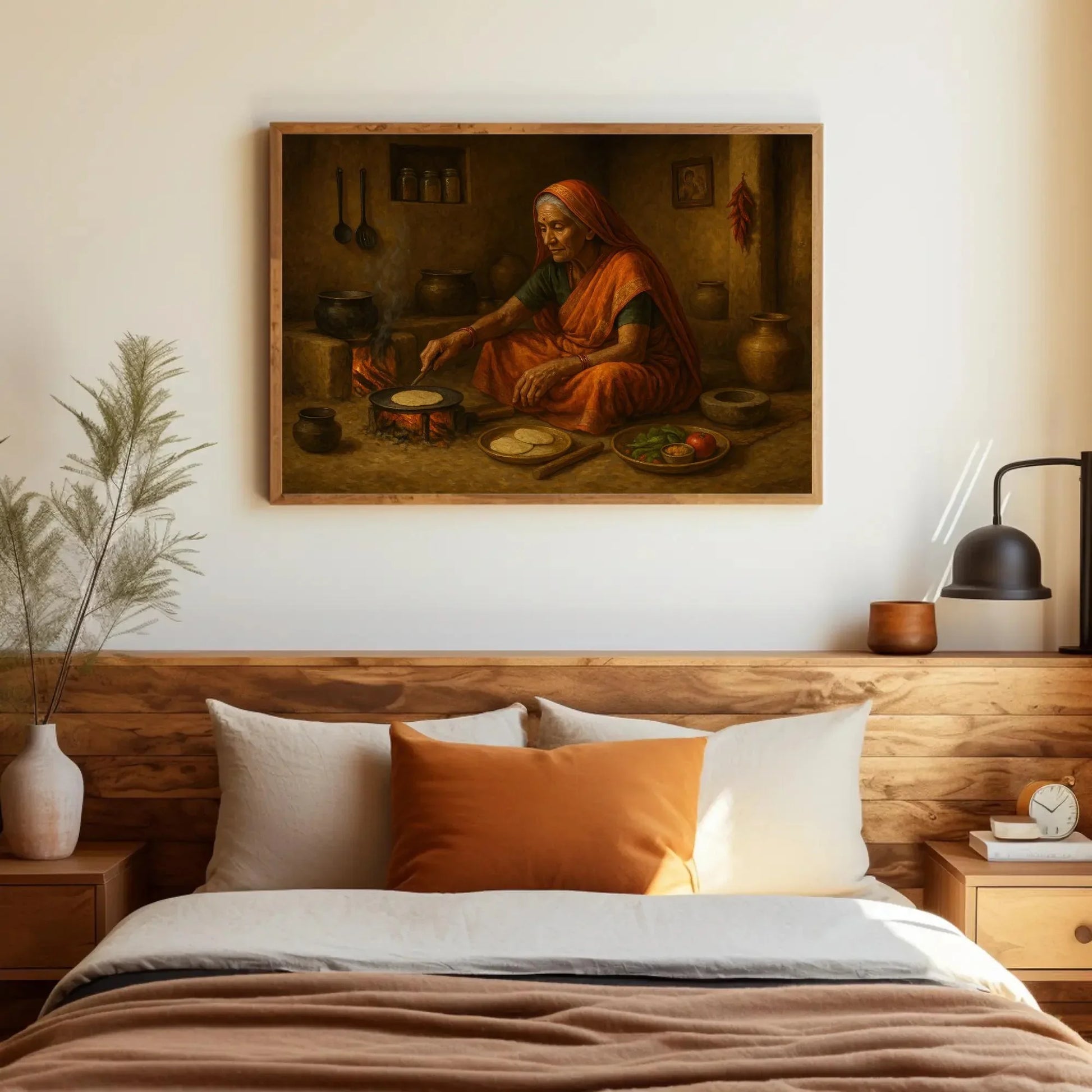 Rustic Indian village kitchen scene with elderly woman cooking chapati on open fire, traditional Indian home decor painting Wall Art – Canvas Print