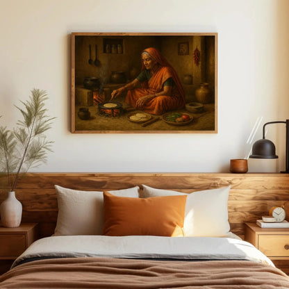 Rustic Indian village kitchen scene with elderly woman cooking chapati on open fire, traditional Indian home decor painting Wall Art – Canvas Print