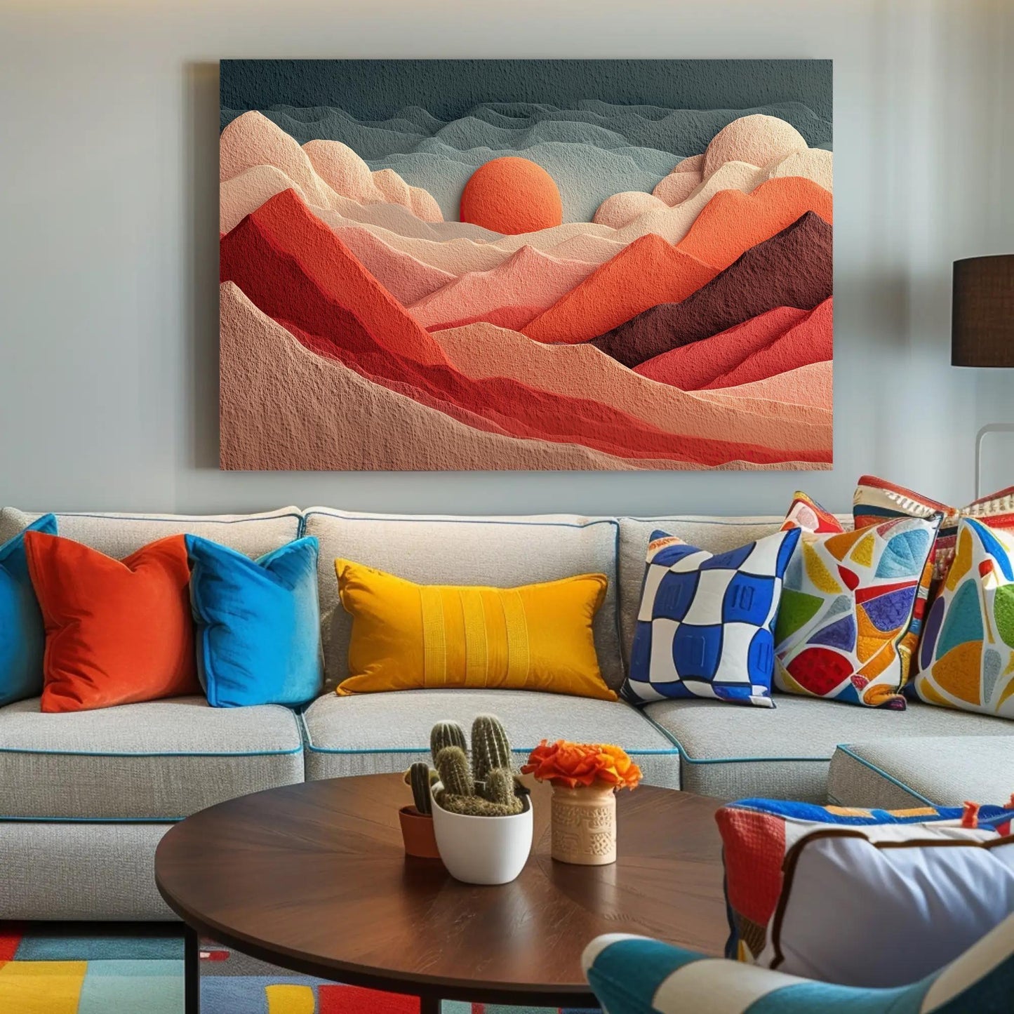 Terracotta Orange Abstract Hills Print, Textured Mountain Wall Art, Layered Sunset Landscape, Modern Boho Decor, Framed 3D Felt Art, Nature Wall Art – Canvas Print