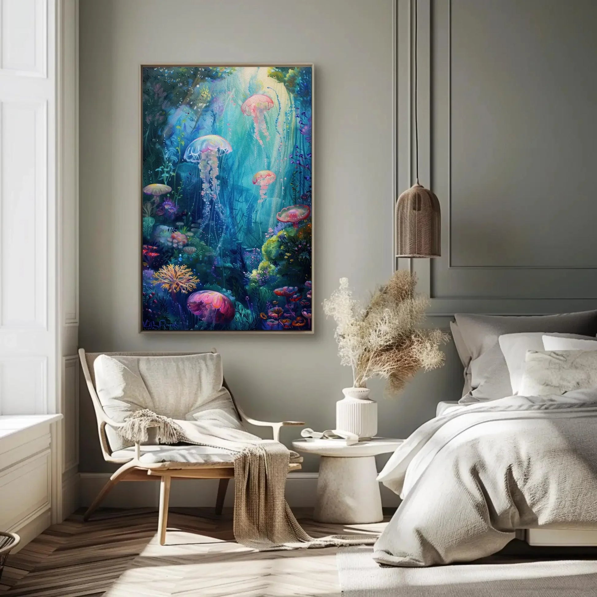 Ethereal Jellyfish and Coral Reef Canvas Print, Dreamy Underwater Oil Painting, Ocean Fantasy Wall Art for Coastal Home or Bedroom Wall Art – Canvas Print