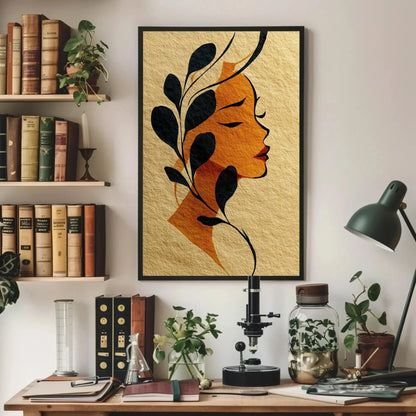 Art Nouveau Woman Profile Print, Minimalist Botanical Wall Art, Golden Orange Black, Feminine Decor, Textured Paper Illustration Gift Wall Art – Canvas Print