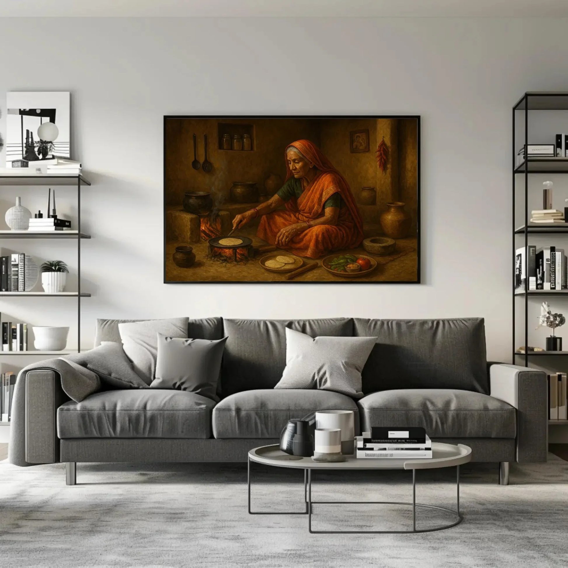 Rustic Indian village kitchen scene with elderly woman cooking chapati on open fire, traditional Indian home decor painting Wall Art – Canvas Print