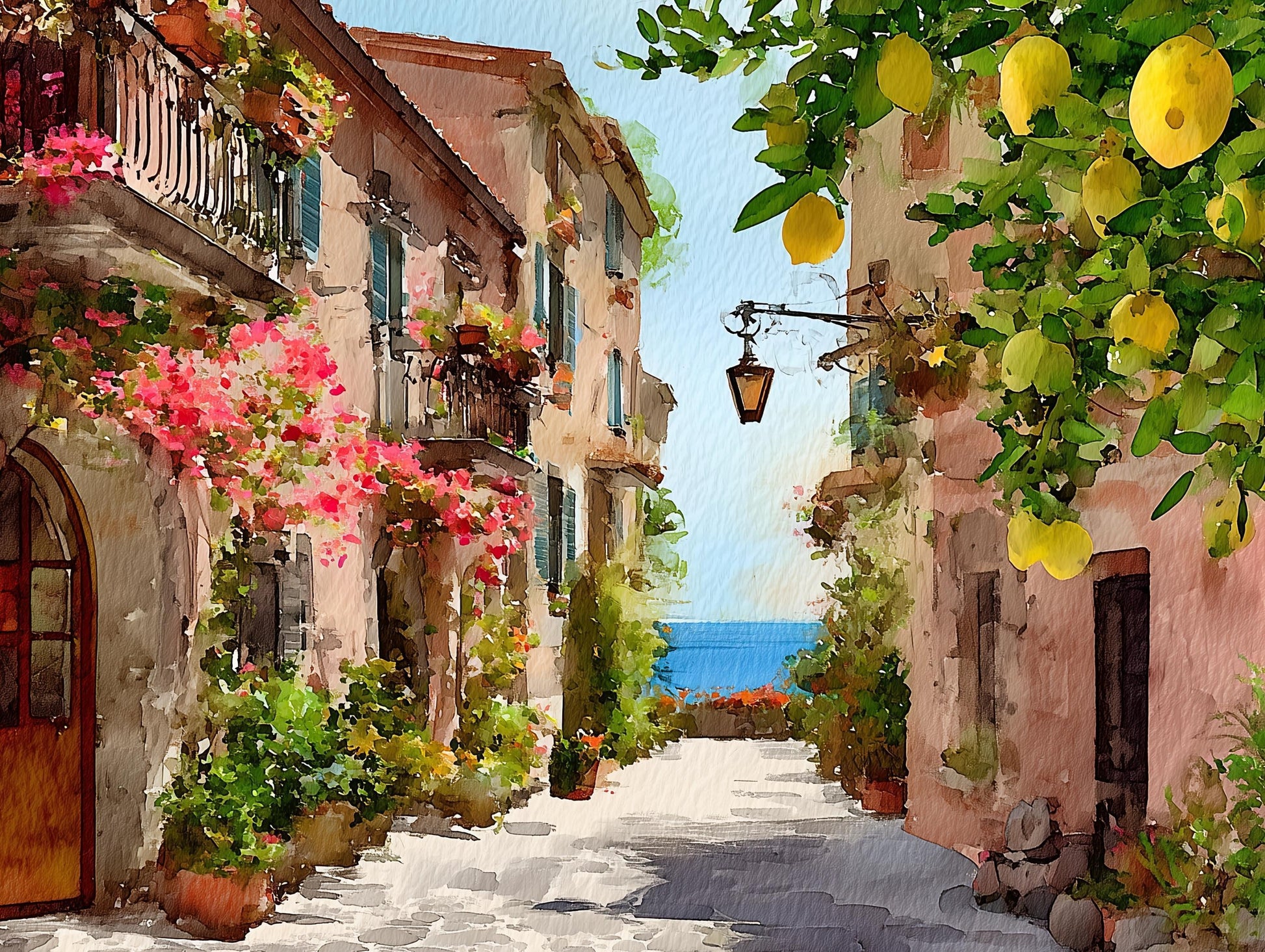 Vibrant Italian Lemon Tree Street Art | Amalfi Coast Watercolor Wall Art | Mediterranean Village Decor | Sunny Travel Art Wall Art – Canvas Print