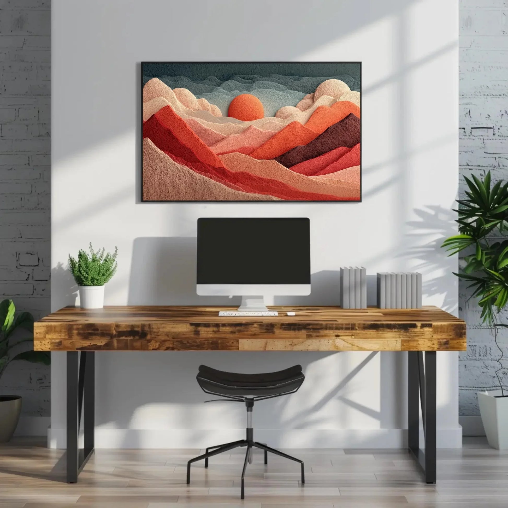 Terracotta Orange Abstract Hills Print, Textured Mountain Wall Art, Layered Sunset Landscape, Modern Boho Decor, Framed 3D Felt Art, Nature Wall Art – Canvas Print