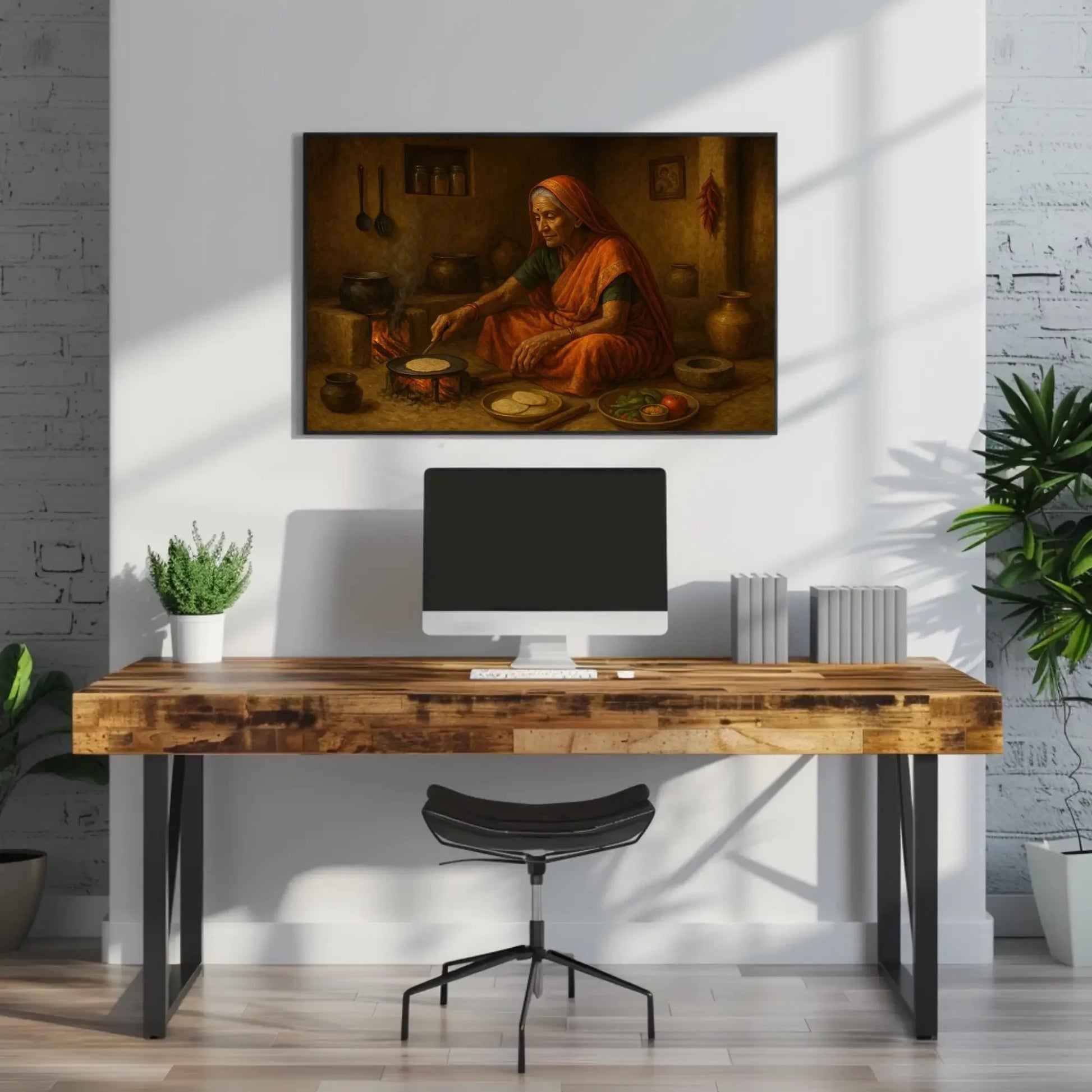 Rustic Indian village kitchen scene with elderly woman cooking chapati on open fire, traditional Indian home decor painting Wall Art – Canvas Print