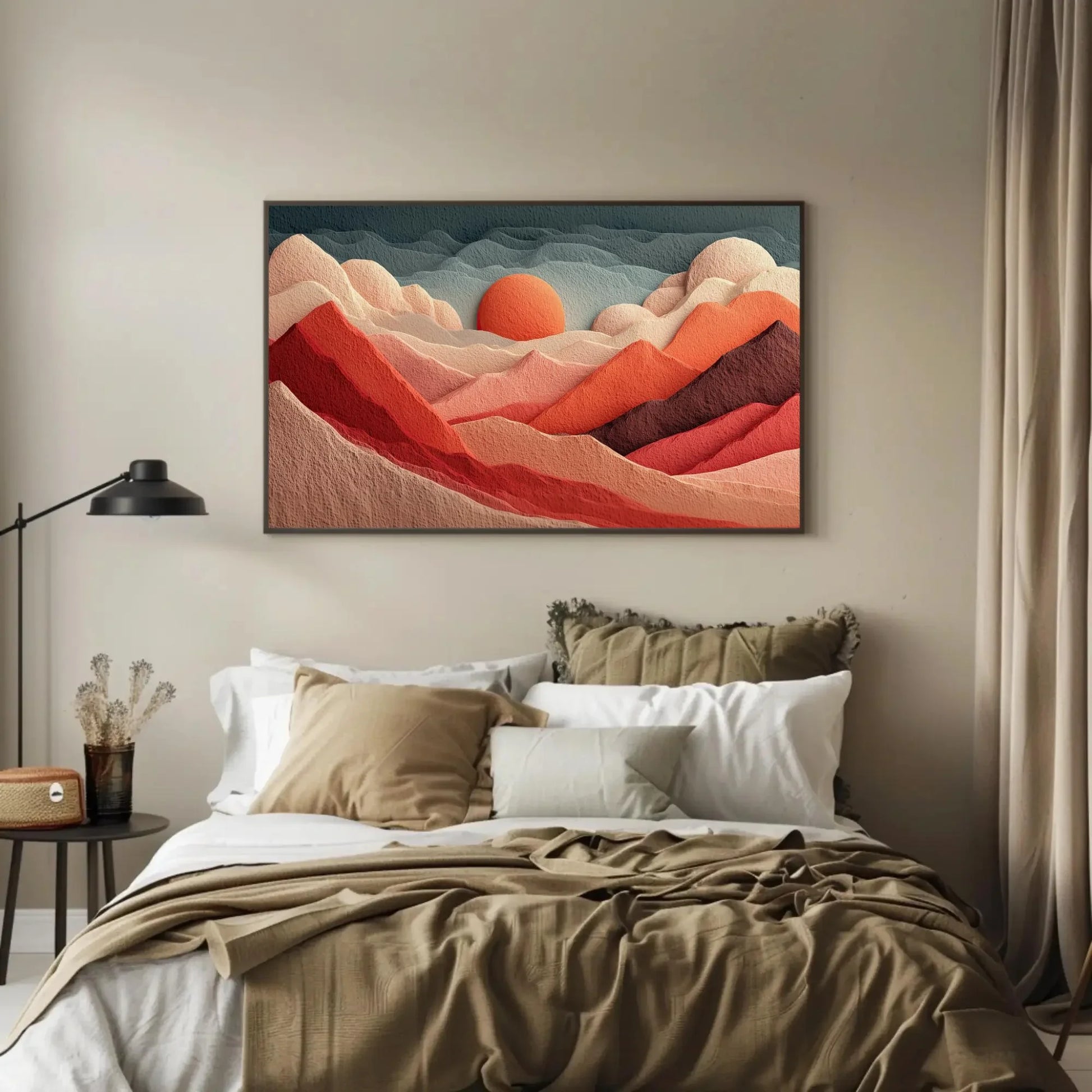 Terracotta Orange Abstract Hills Print, Textured Mountain Wall Art, Layered Sunset Landscape, Modern Boho Decor, Framed 3D Felt Art, Nature Wall Art – Canvas Print