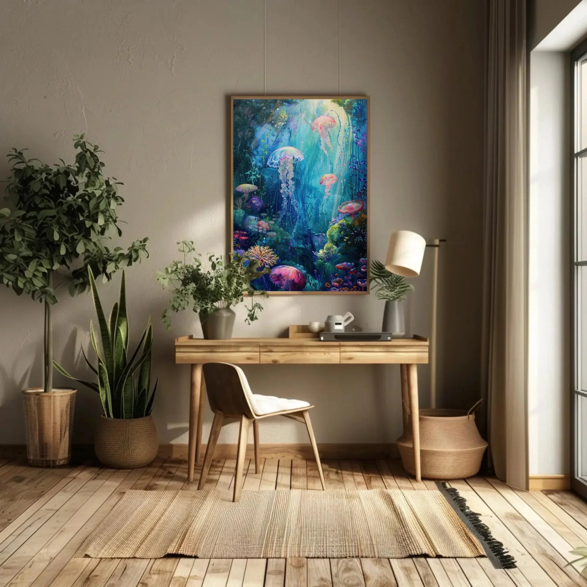 Ethereal Jellyfish and Coral Reef Canvas Print, Dreamy Underwater Oil Painting, Ocean Fantasy Wall Art for Coastal Home or Bedroom Wall Art – Canvas Print
