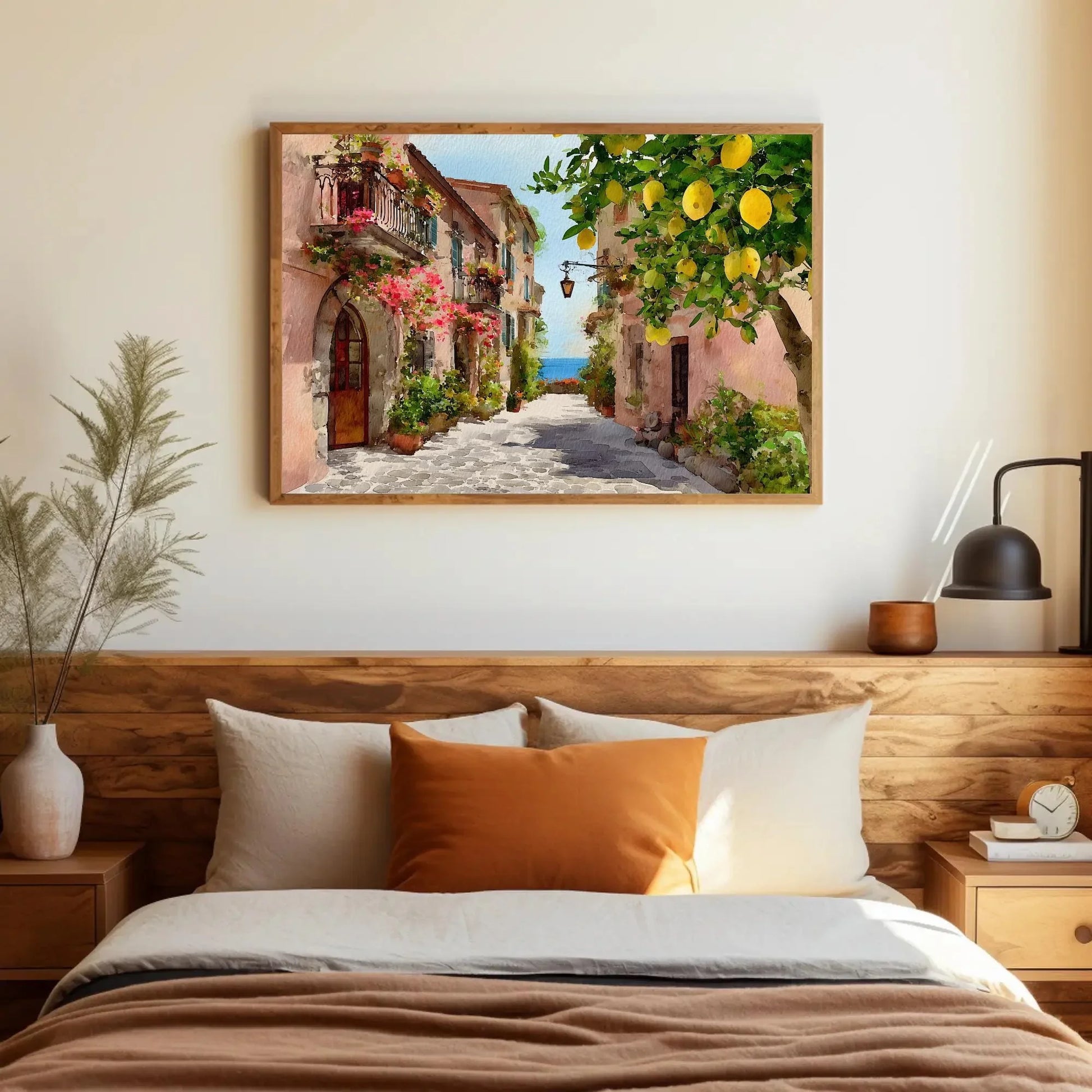 Vibrant Italian Lemon Tree Street Art | Amalfi Coast Watercolor Wall Art | Mediterranean Village Decor | Sunny Travel Art Wall Art – Canvas Print