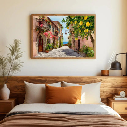 Vibrant Italian Lemon Tree Street Art | Amalfi Coast Watercolor Wall Art | Mediterranean Village Decor | Sunny Travel Art Wall Art – Canvas Print