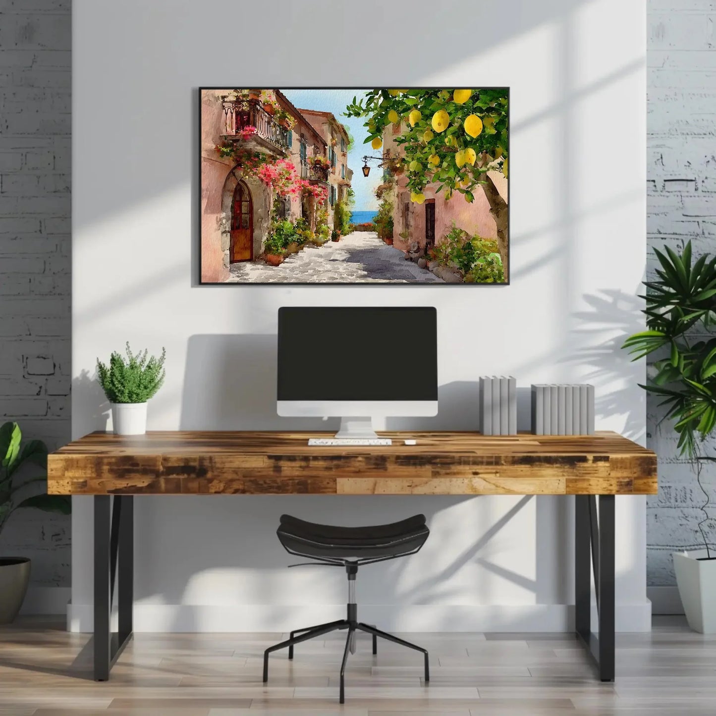Vibrant Italian Lemon Tree Street Art | Amalfi Coast Watercolor Wall Art | Mediterranean Village Decor | Sunny Travel Art Wall Art – Canvas Print