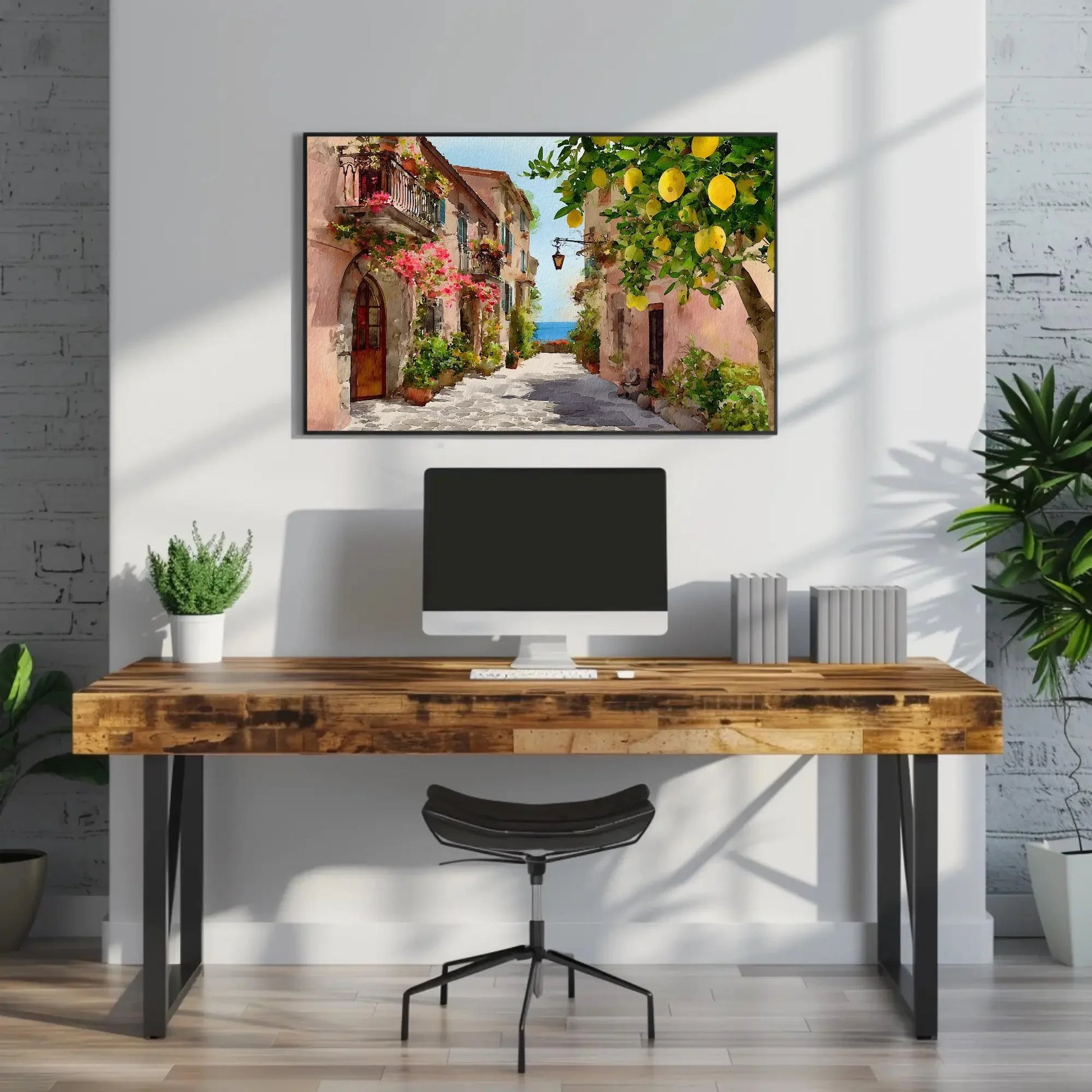 Vibrant Italian Lemon Tree Street Art | Amalfi Coast Watercolor Wall Art | Mediterranean Village Decor | Sunny Travel Art Wall Art – Canvas Print