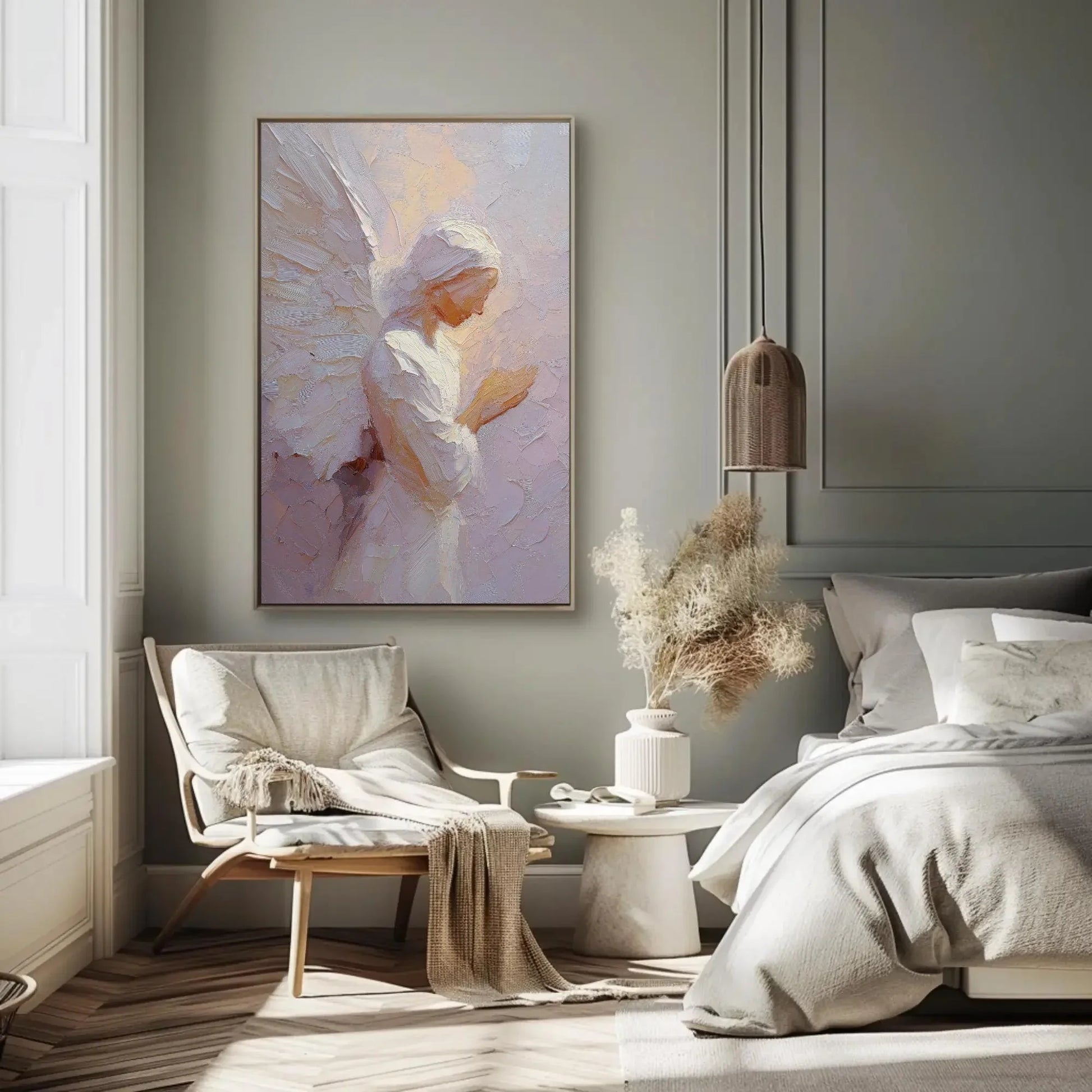 Praying Angel Canvas Art Print, Textured Spiritual Wall Decor, Guardian Angel Painting, Serene Contemplative Artwork, Impasto Religious Gift Wall Art – Canvas Print