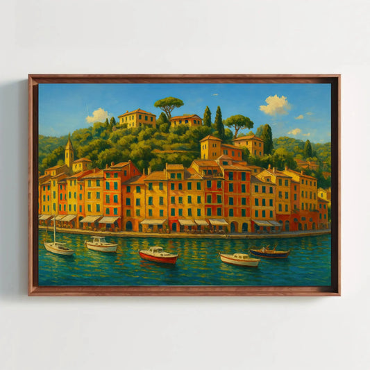 Mountaintop Village Portofino Canvas Wall Art – Colorful Italian Seaside Painting for Mediterranean Coastal Decor Wall Art – Canvas Print