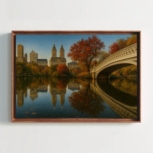 Central Park NYC autumn canvas painting wall art for living room or office decor with Bow Bridge and cityscape fall foliage landscape Wall Art – Canvas Print