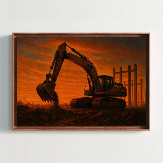 Construction Excavator Painting Sunset Industrial Earth Mover Canvas Print Construction Site Wall Art Machinery Worker Decor Wall Art – Canvas Print