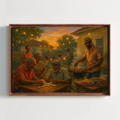 Black family barbecue canvas painting summer evening wall art for dining room kitchen or nostalgic home decor with joyful moments Wall Art – Canvas Print