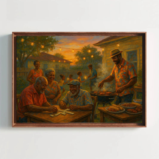 Black family barbecue canvas painting summer evening wall art for dining room kitchen or nostalgic home decor with joyful moments Wall Art – Canvas Print