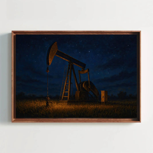 Oil Pump Jack Night Scene Canvas Print – Rustic Texas Oilfield Painting Wall Art for Western Decor, Industrial Field Energy Rig Artwork Wall Art – Canvas Print