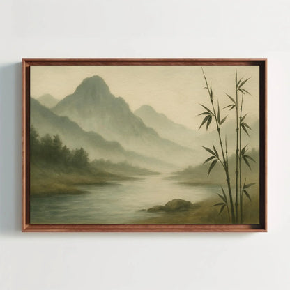 Zen Bamboo Forest River Canvas Print – Misty Mountains Painting Wall Art for Japanese Decor, Nature Tranquility and Meditative Style Wall Art – Canvas Print
