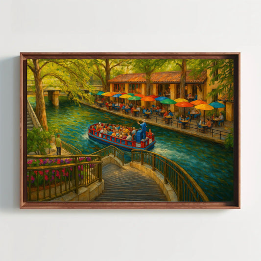 San Antonio River Walk Canvas Wall Art – Colorful Texas Painting of Boat Tour and Café Scene for Urban Travel Decor Wall Art – Canvas Print