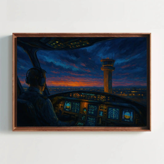 Pilot View Cockpit Painting Air Traffic Control Tower at Sunset Canvas Art for Aviator Office or Airplane Lover Gift Idea Wall Art – Canvas Print