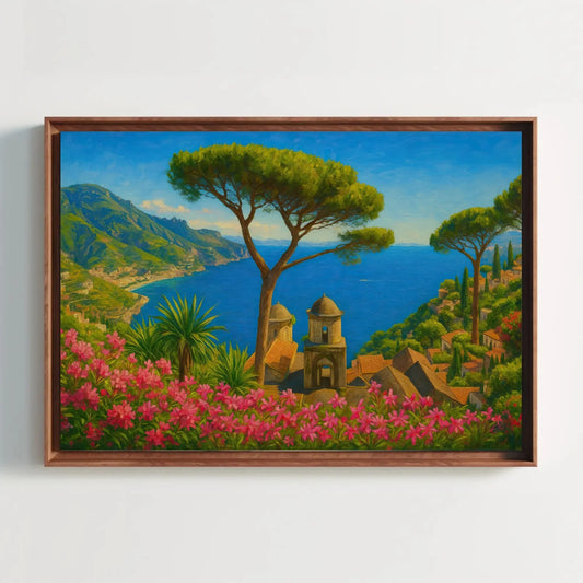 Ravello Amalfi Coast Canvas Painting Print Italy Seaside View Wall Art Mediterranean Landscape Flowers and Ocean Home Decor Print Wall Art – Canvas Print