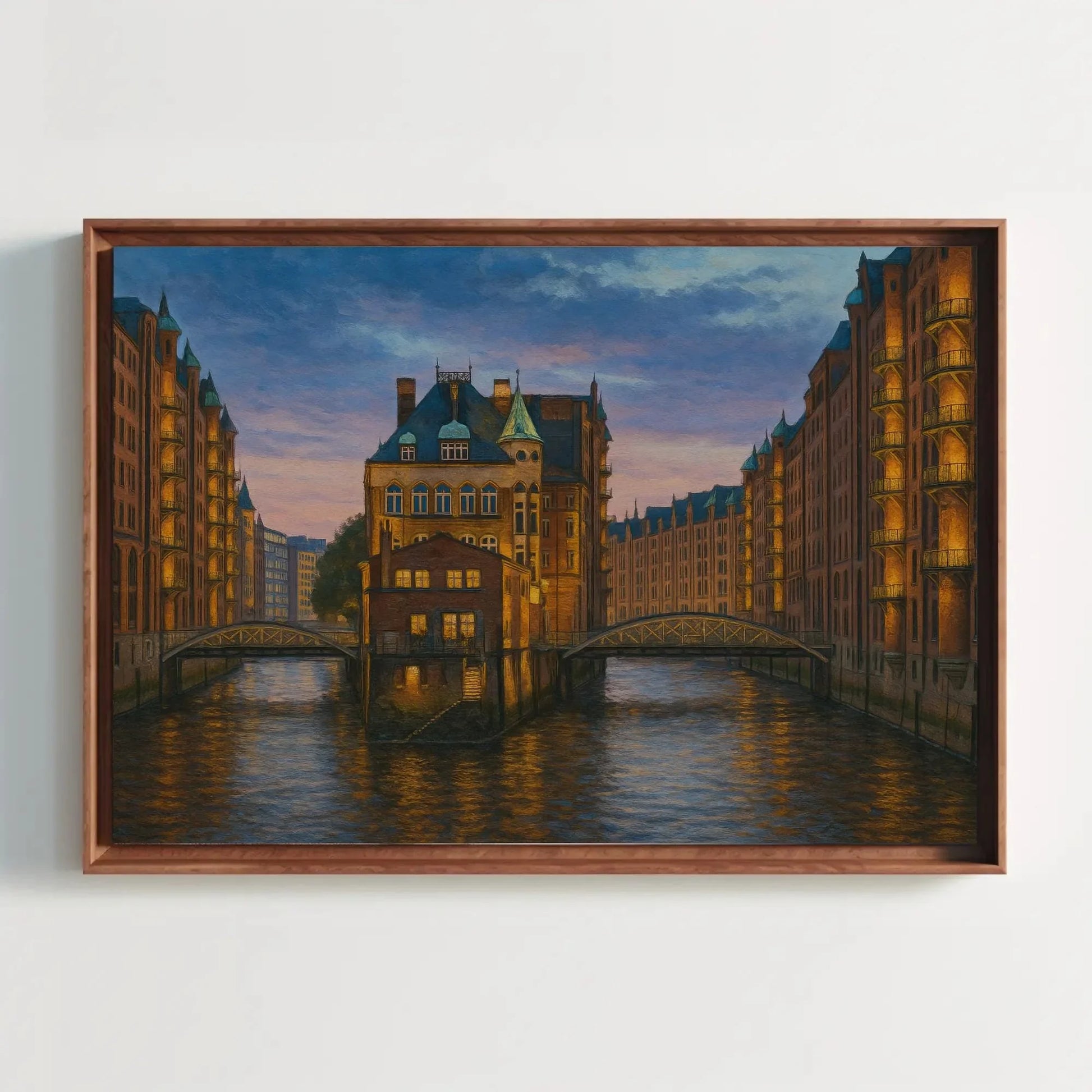Speicherstadt Hamburg Germany at Dusk – Historic Canal District Canvas Painting – European Architecture Cityscape Wall Art Wall Art – Canvas Print