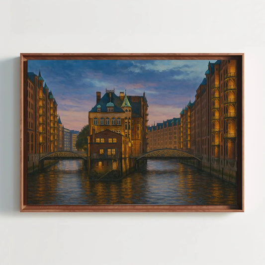 Speicherstadt Hamburg Germany at Dusk – Historic Canal District Canvas Painting – European Architecture Cityscape Wall Art Wall Art – Canvas Print