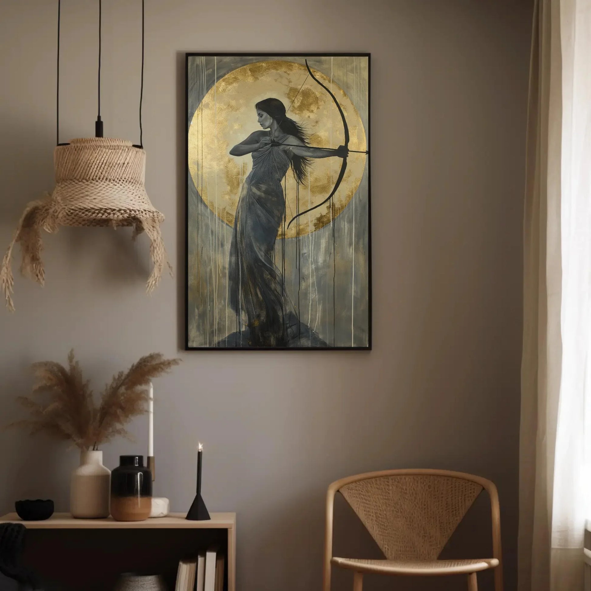 Artemis Greek Goddess with Bow and Gold Moon Canvas | Divine Feminine Art | Greek Mythology Wall Art for Living Room, Bedroom, Ready to Hang Wall Art – Canvas Print