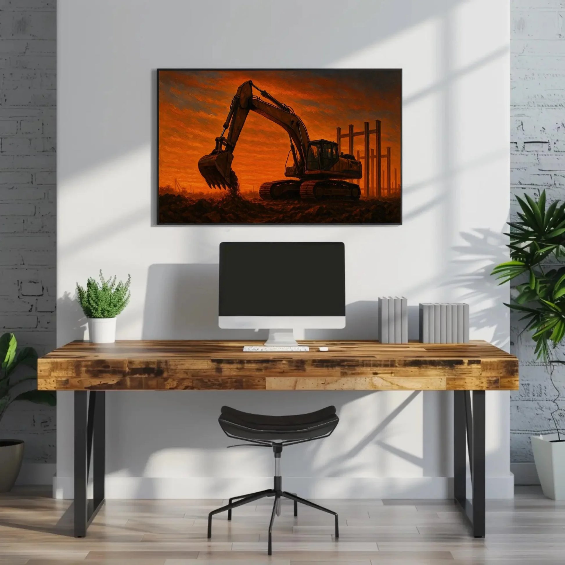 Construction Excavator Painting Sunset Industrial Earth Mover Canvas Print Construction Site Wall Art Machinery Worker Decor Wall Art – Canvas Print