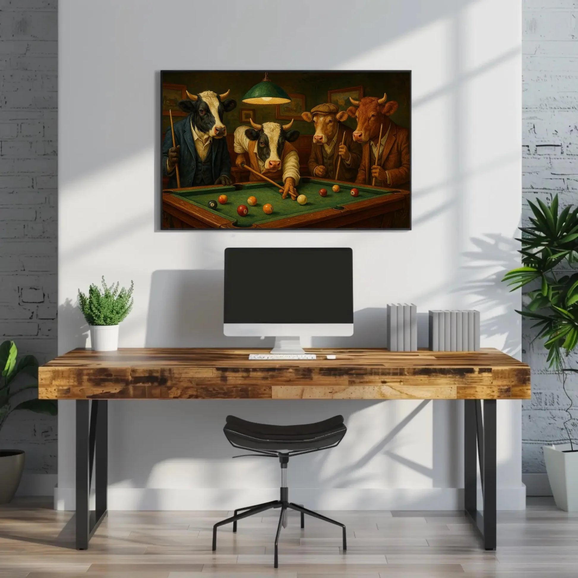 Cows Playing Pool Canvas Print Humorous Animal Billiards Painting with Dressed Cows Funny Farmhouse Wall Art for Bar or Game Room Wall Art – Canvas Print