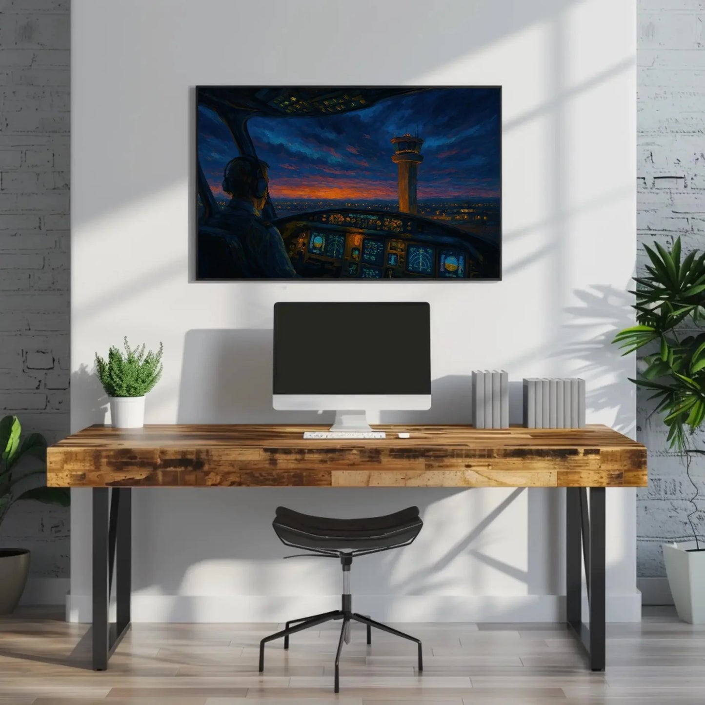 Pilot View Cockpit Painting Air Traffic Control Tower at Sunset Canvas Art for Aviator Office or Airplane Lover Gift Idea Wall Art – Canvas Print
