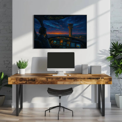 Pilot View Cockpit Painting Air Traffic Control Tower at Sunset Canvas Art for Aviator Office or Airplane Lover Gift Idea Wall Art – Canvas Print